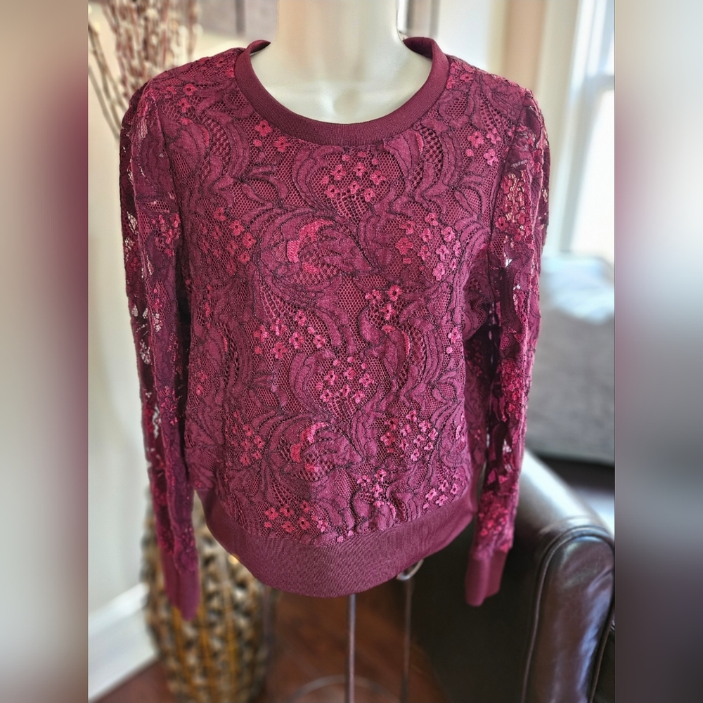 Worthington Deep Burgundy Lace Knit Top